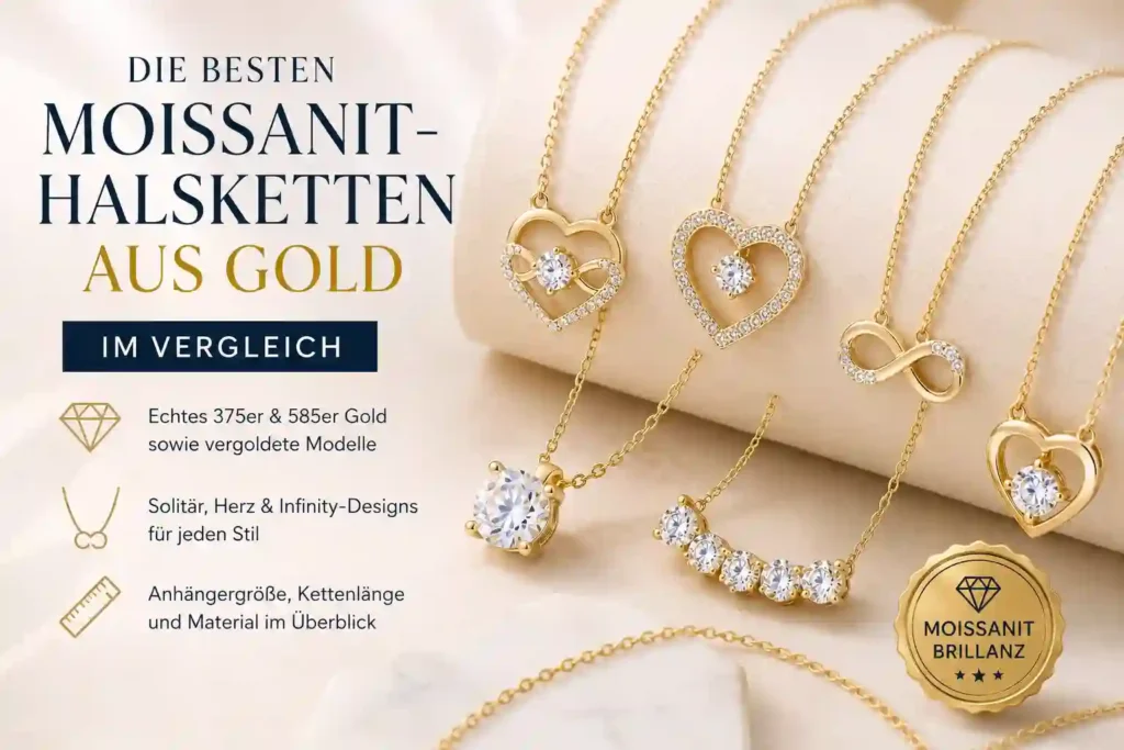 Die besten Moissanit-Halsketten aus Gold im Vergleich mit Solitär-, Herz- und Infinity-Designs aus 375er, 585er Gold sowie vergoldeten Modellen