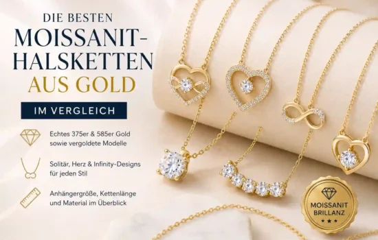 Die besten Moissanit-Halsketten aus Gold im Vergleich mit Solitär-, Herz- und Infinity-Designs aus 375er, 585er Gold sowie vergoldeten Modellen