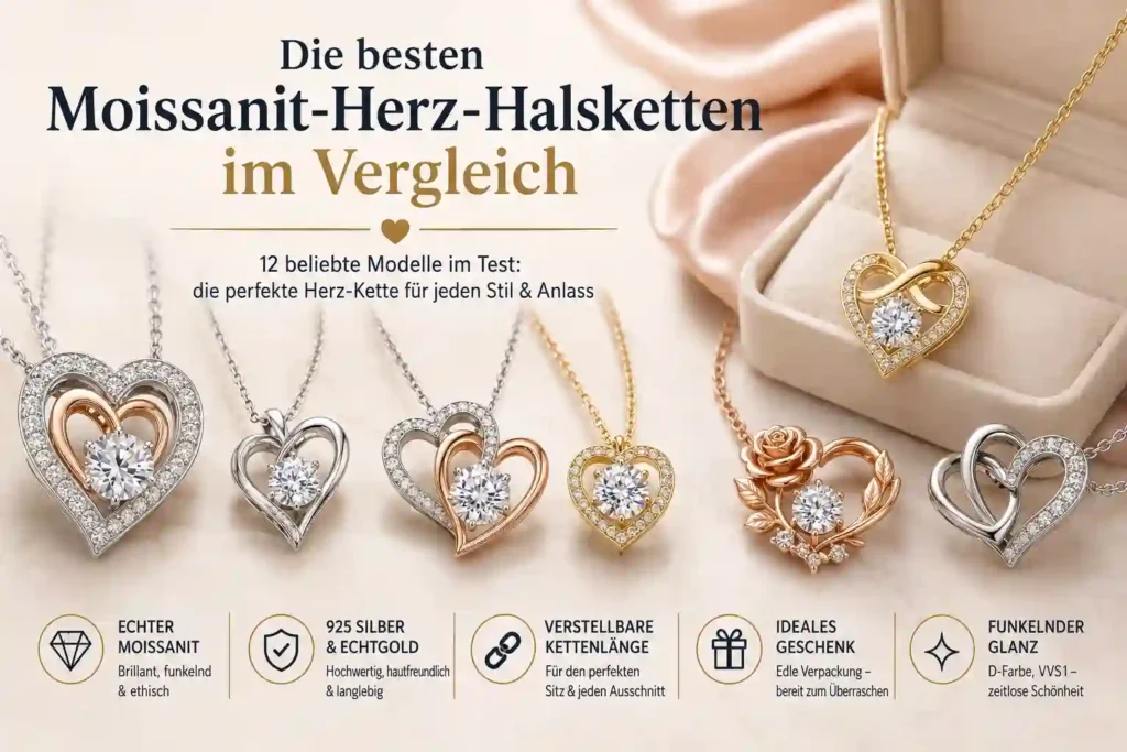 Vergleich verschiedener Moissanit-Herz-Halsketten aus Silber, vergoldetem Silber und echtem Gold