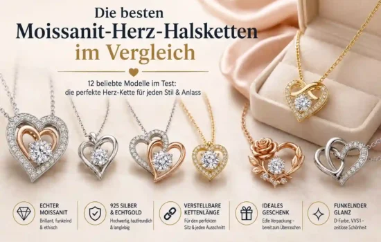 Vergleich verschiedener Moissanit-Herz-Halsketten aus Silber, vergoldetem Silber und echtem Gold