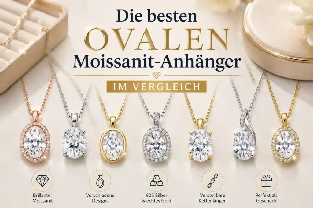 Vergleich ovaler Moissanit-Anhänger aus 925er Silber, vergoldetem Silber und echtem Gold in verschiedenen Designs