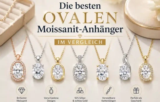 Vergleich ovaler Moissanit-Anhänger aus 925er Silber, vergoldetem Silber und echtem Gold in verschiedenen Designs