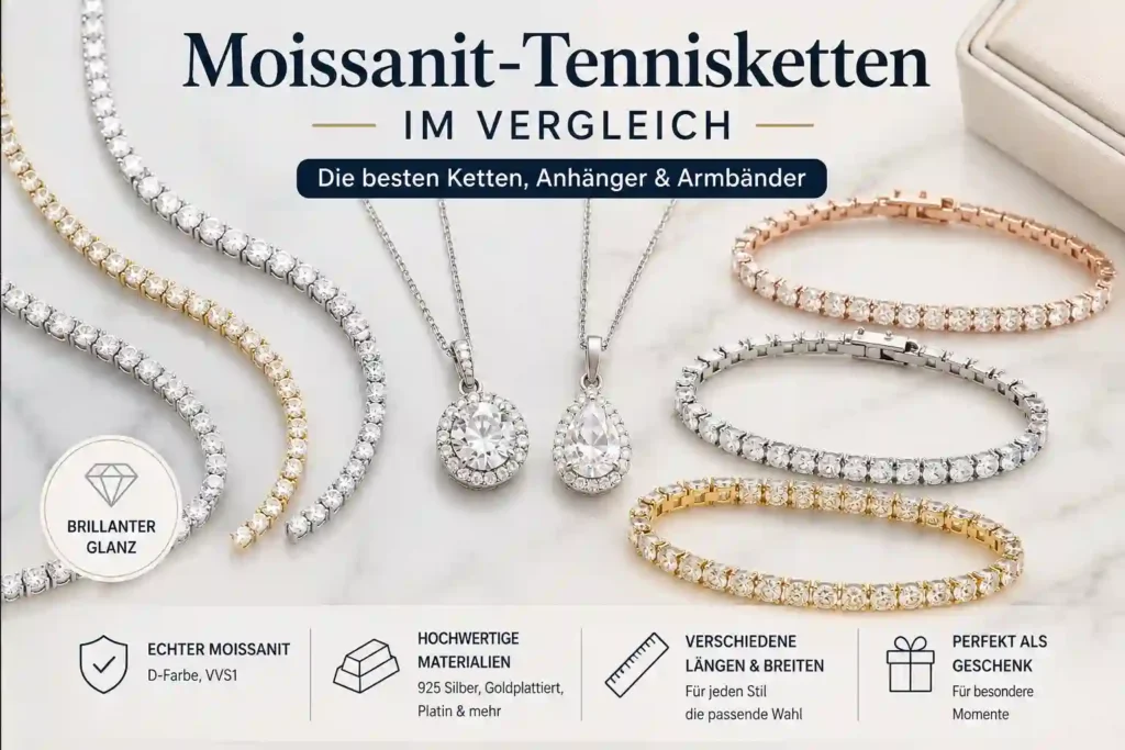 Elegante Moissanit-Tennisketten in Silber- und Goldoptik im Vergleich